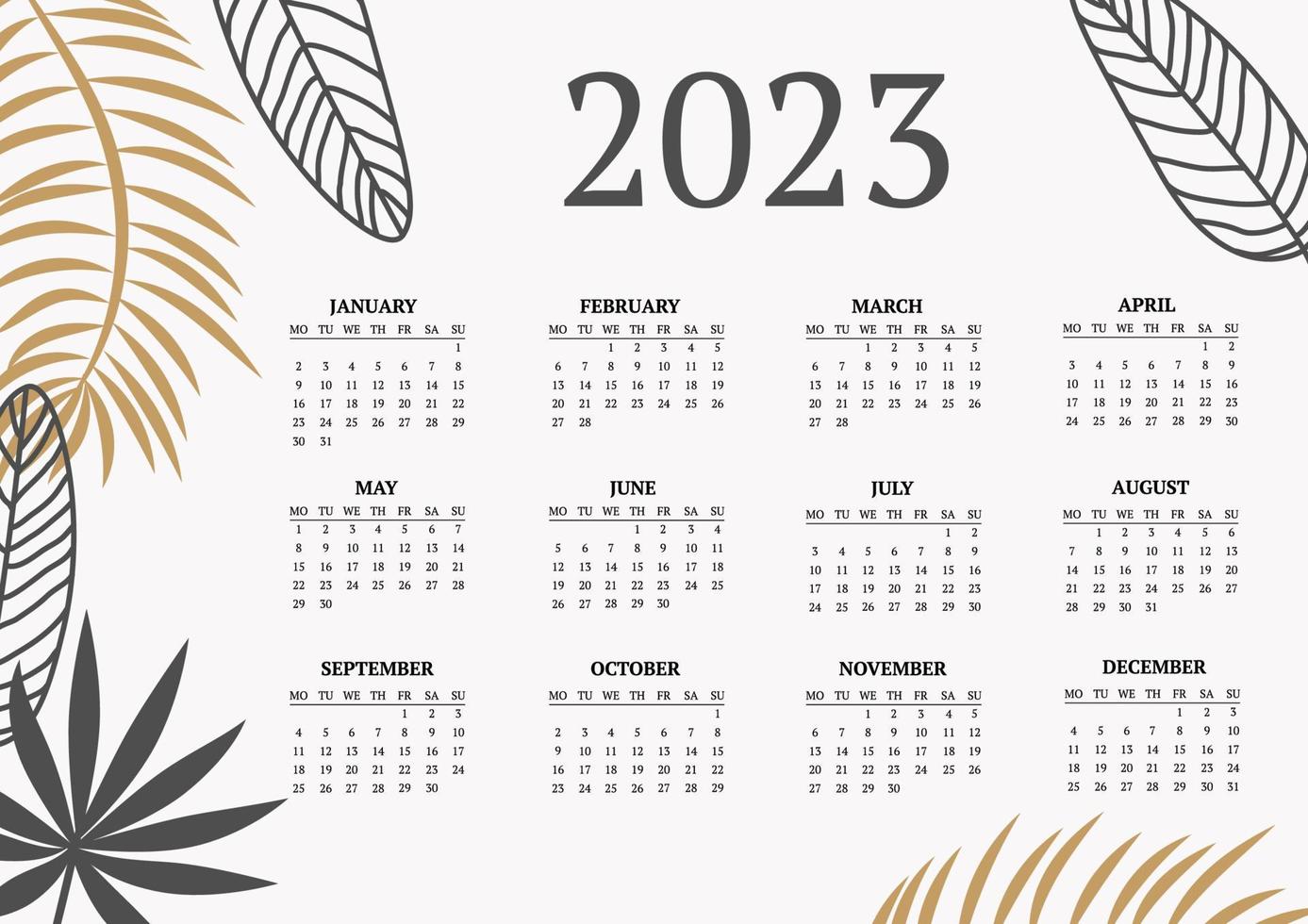classic monthly calendar for 2023. Calendar with palm and monstera leaves, white and gold color vector