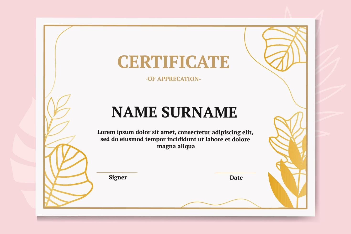Modern and luxury certificate template with white and gold color. with leaf monstera and leaf palm vector