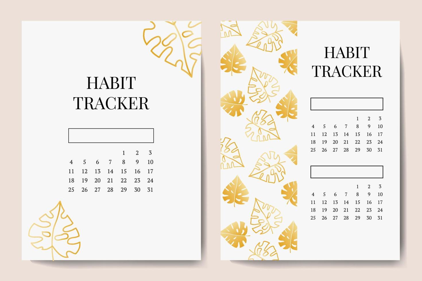 Vector template for tracking printing habits. A4 notebook page. with golden leaves of monstera. Vector illustration design