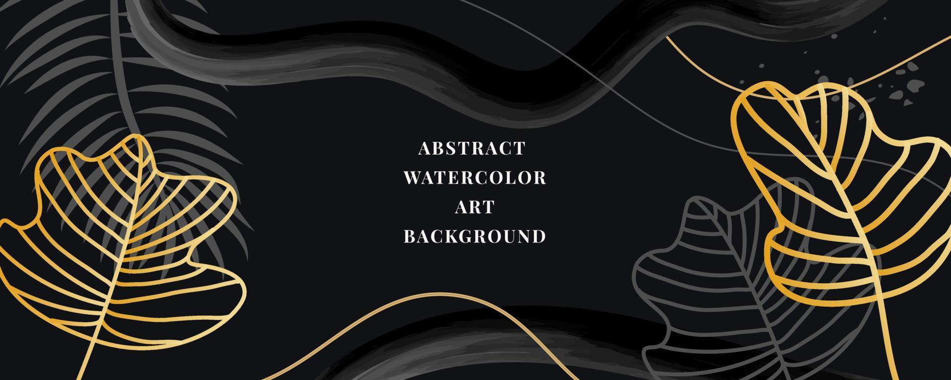 Vector background of watercolor art. Wallpaper design with a brush. black, gold, brushes, circles, palm leaves, monstera leaf, abstract shapes