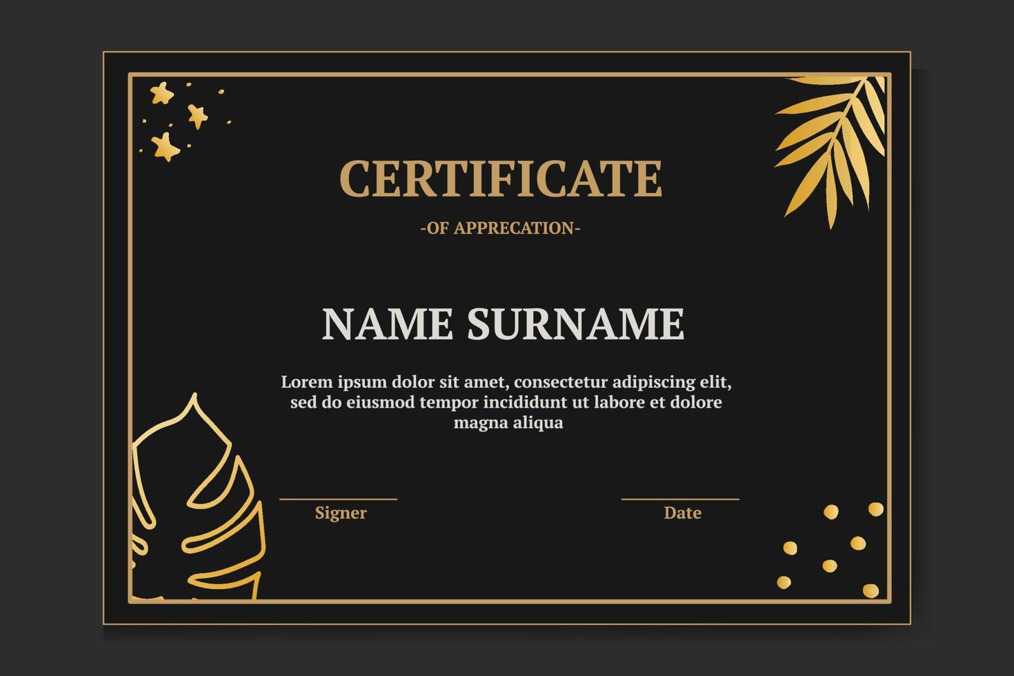 Modern and luxury certificate template with black and gold color. with leaf monstera and leaf palm vector