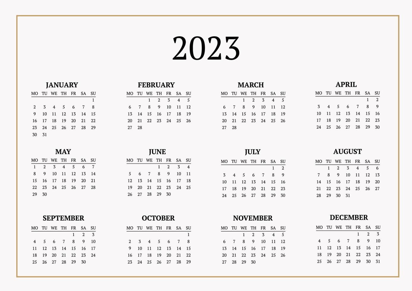 classic monthly calendar for 2023. A calendar in the style of