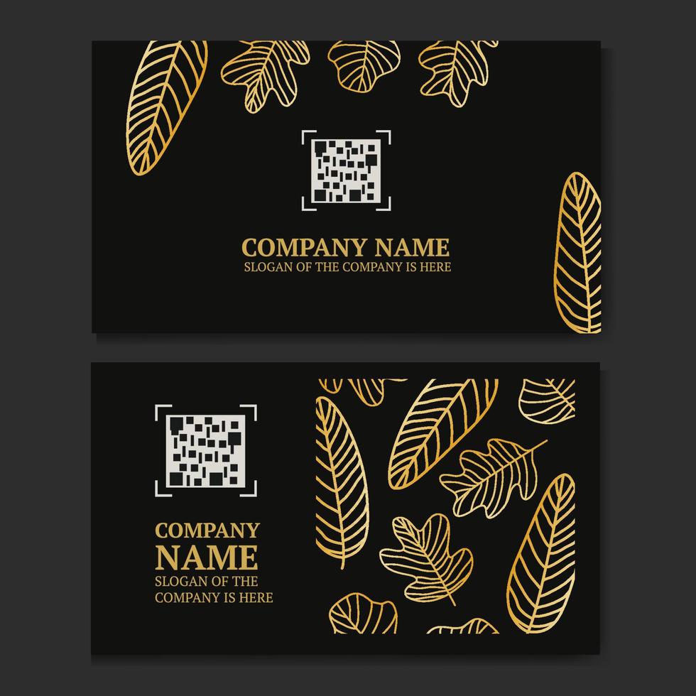 black business cards with golden leaf twigs, with a place for a QR code, for your company or brand, vector illustration.