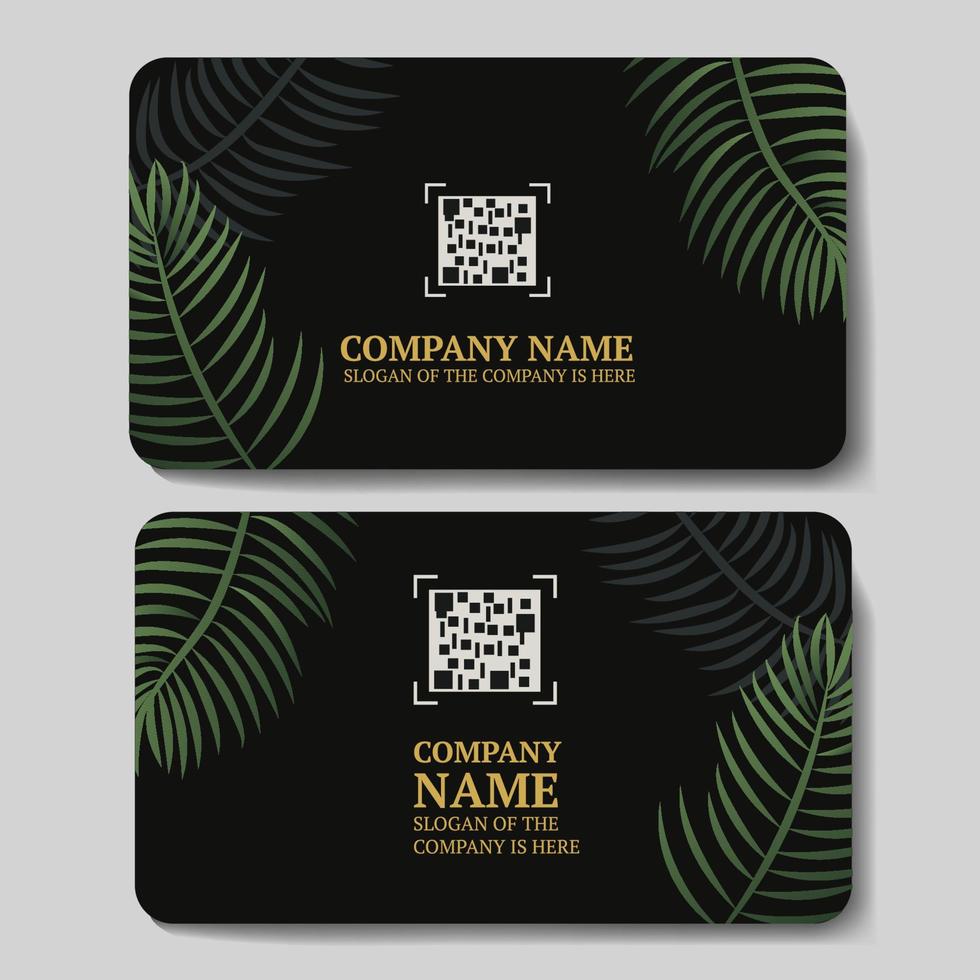 black business cards with green palm leaves, with a place for a qr code, for your company or brand, vector illustration.