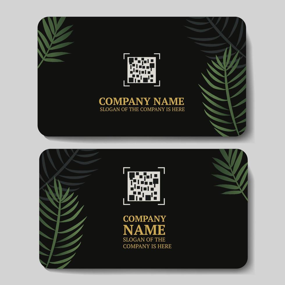tarjetas de visita negras con hojas de palma verdes, con un lugar para un código qr, para su empresa o marca, ilustración vectorial. vector