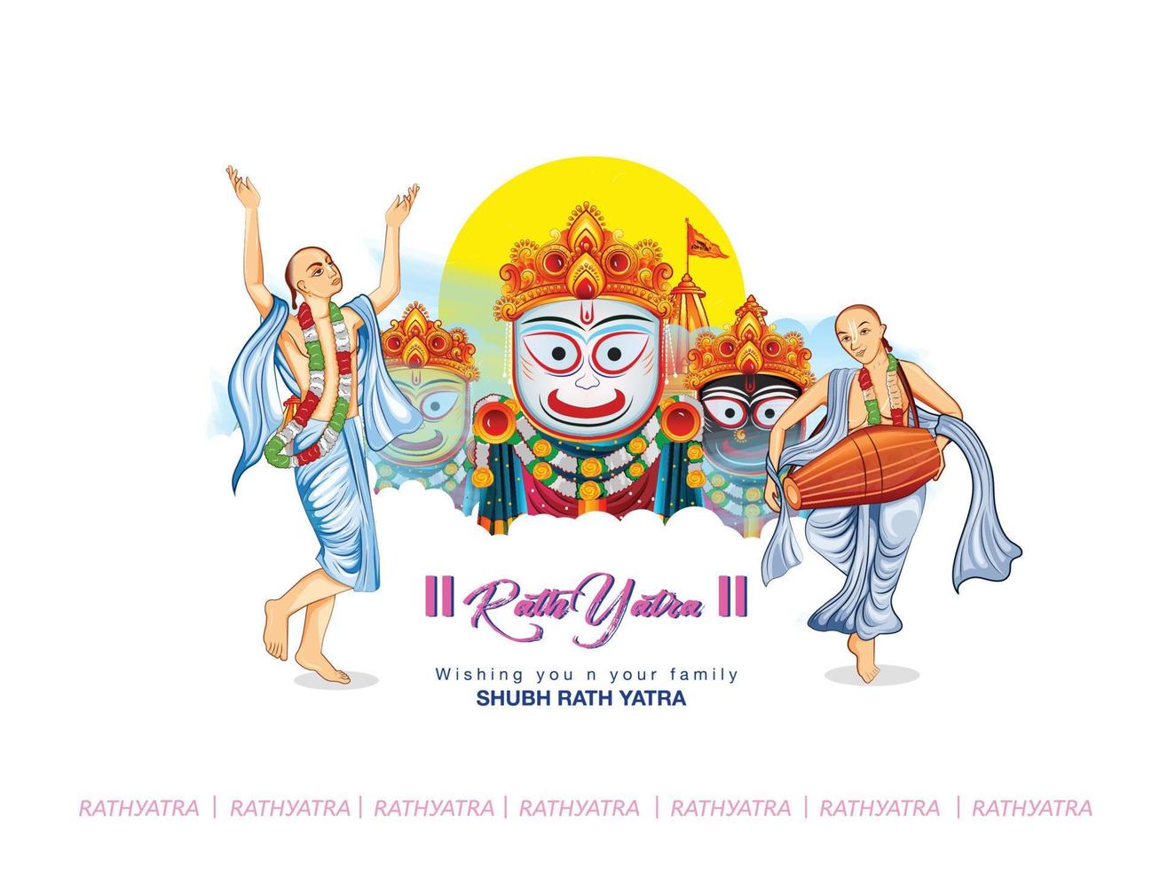 ilustración de lord jagannath, balabhadra y subhadra en el templo anual de rathayatra en carro con rueda, rath yatra vector