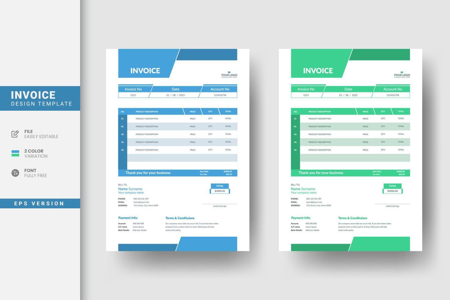 Elegant Blue and Green vector invoice template design