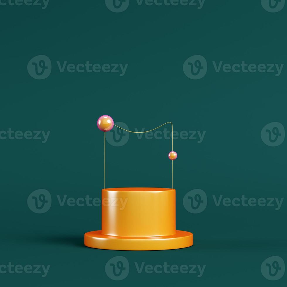 Yellow pedestal with spheres on dark green background. Minimalism concept photo