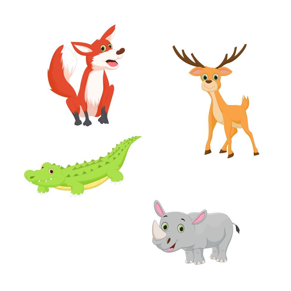 cute animal cartoon set. fox. dear. aligator. rhino. vector illustration