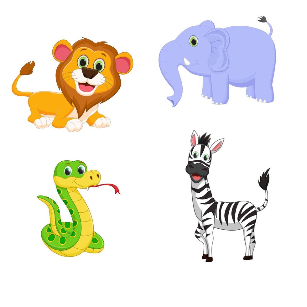 lindo conjunto de dibujos animados de animales. león. elefante. serpiente. cebra. ilustración vectorial vector