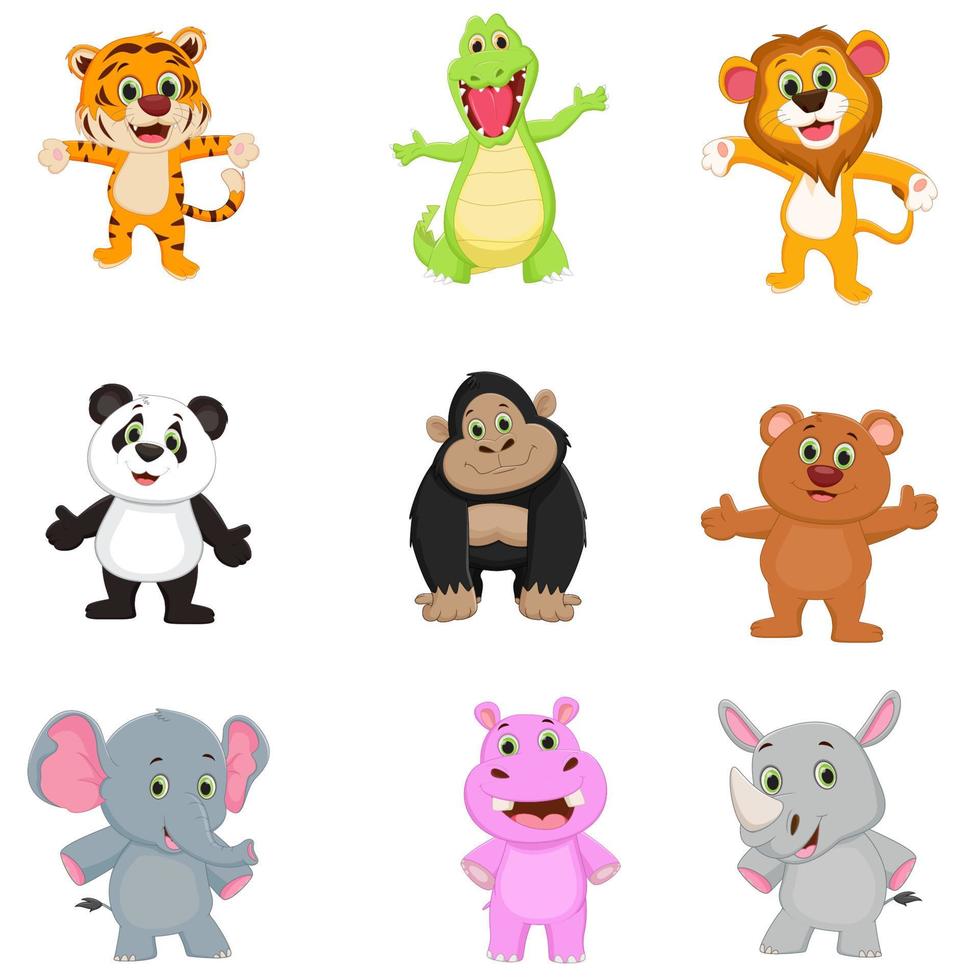 lindo conjunto de dibujos animados de animales. Tigre. caimán león. panda. Kong llevar. elefante. hipopótamo. rinoceronte vector