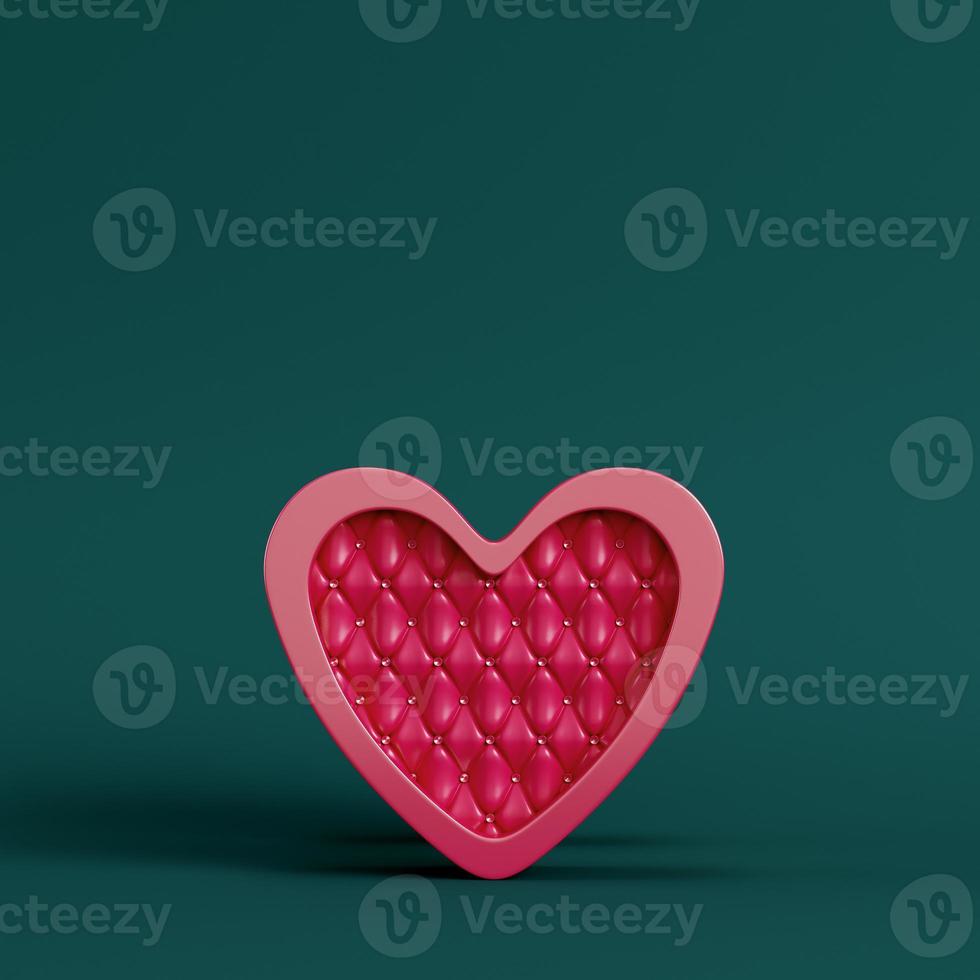 Red abstract heart shape on pedestal with circle frame on dark green background. Minimalism concept photo