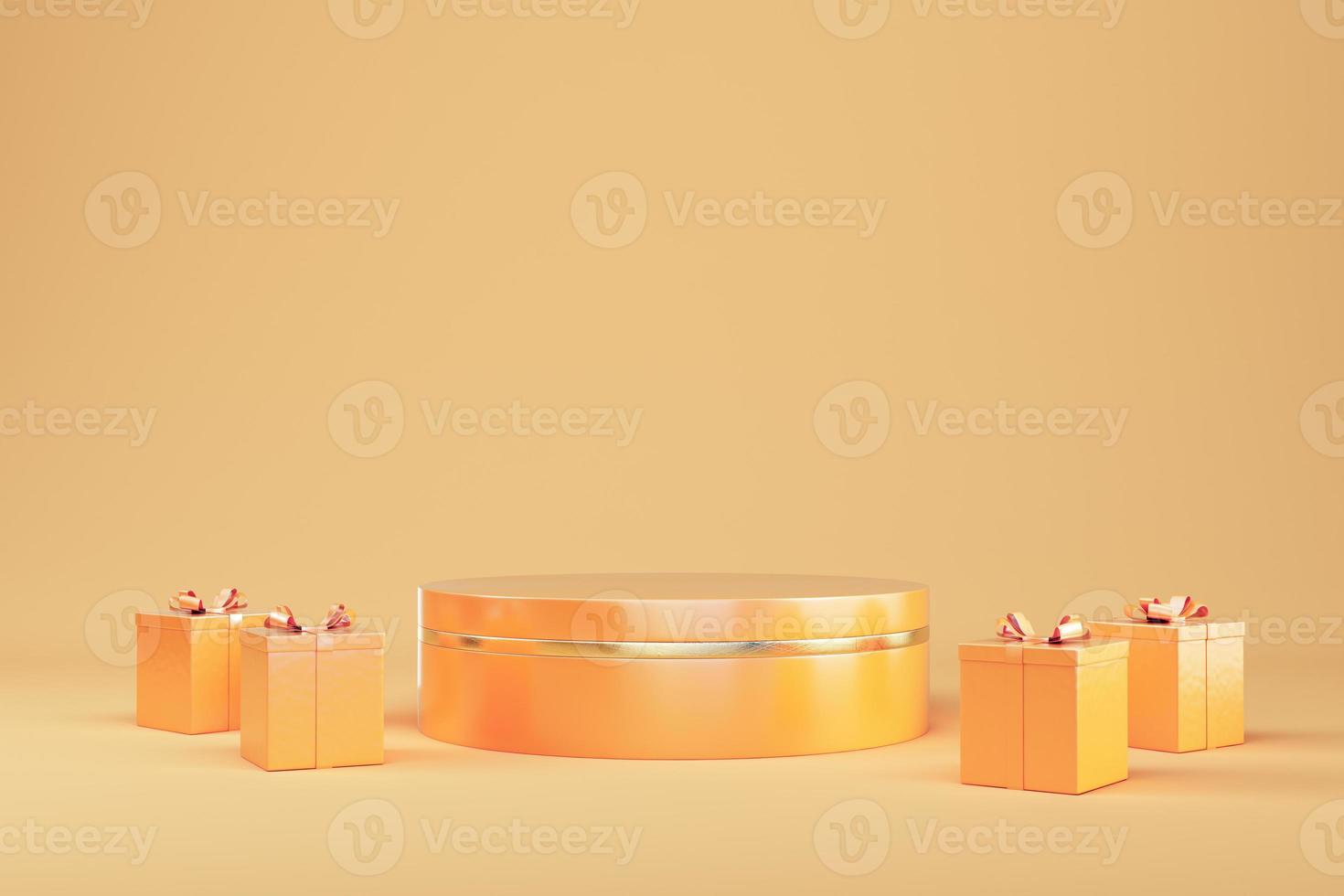 Abstract minimal background. Orange cylindrical pedestal with present boxes for product display photo