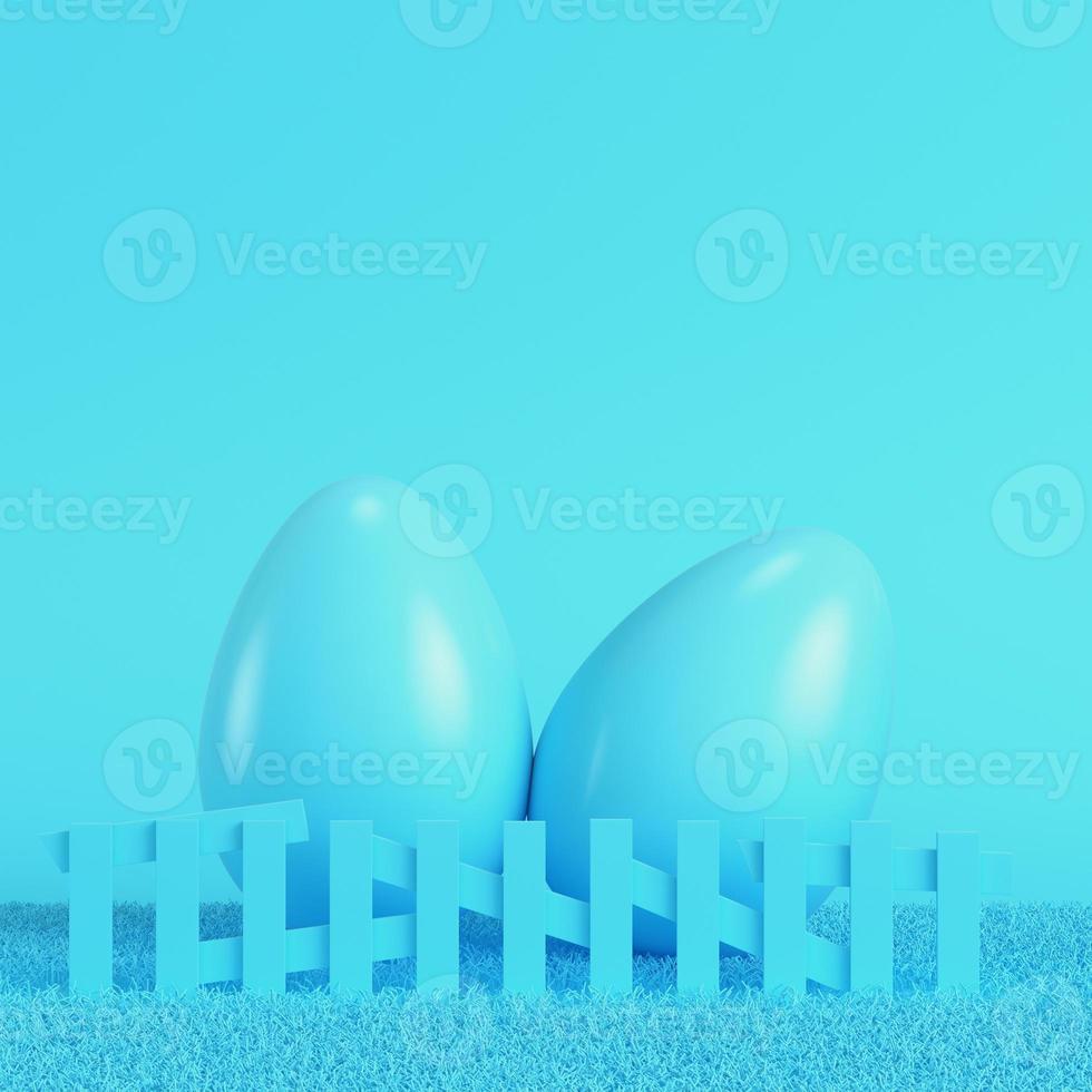 Easter eggs behind the fenceon bright blue background in pastel colors photo