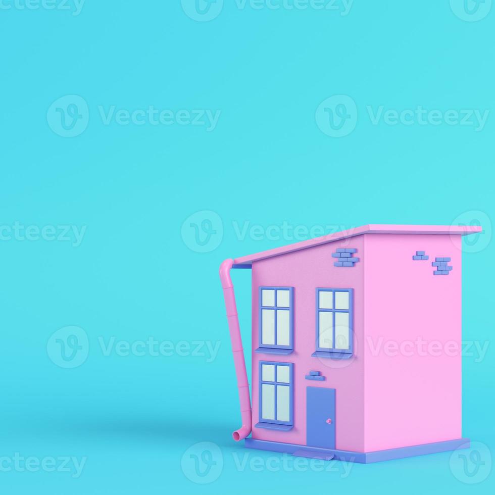 Pink cartoon styled house on bright blue background in pastel colors photo