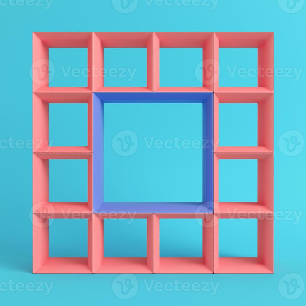 Empty square shelfs on bright blue background in pastel colors photo