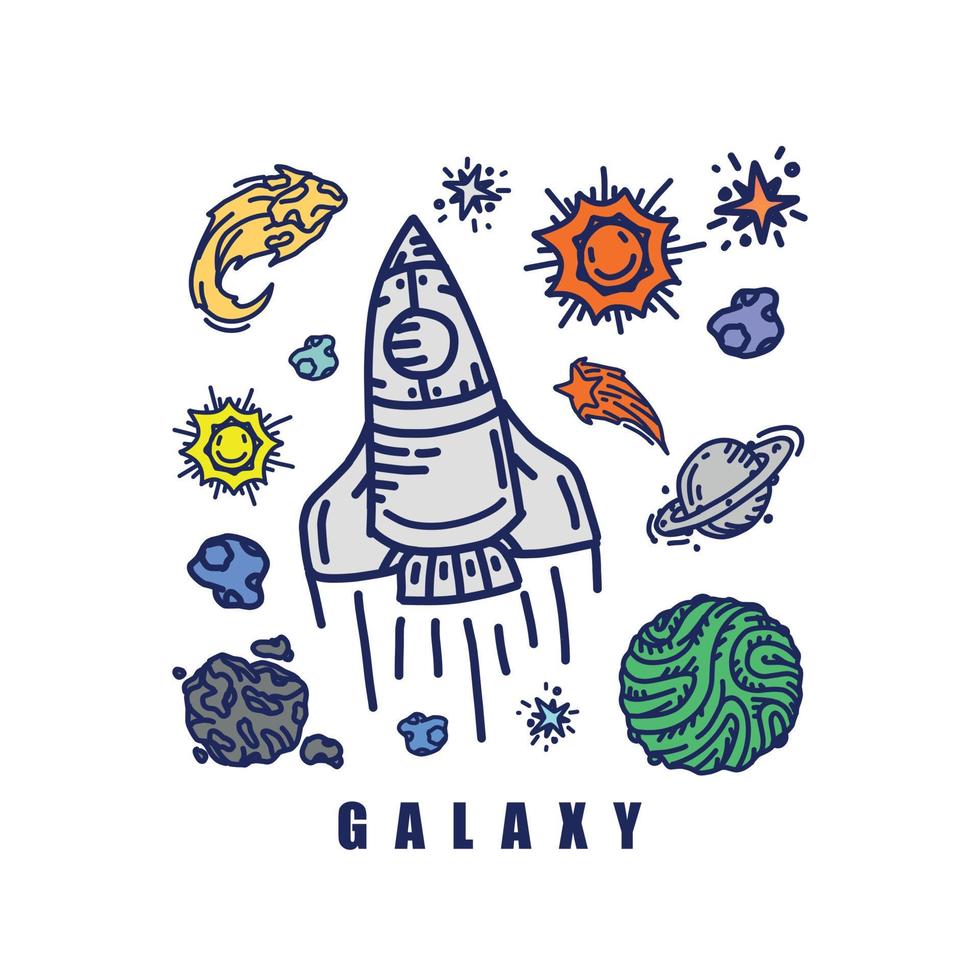 Set Collection Planetary Space Galaxy planets Cartoon astronaut Hand Drawn colorful Vector