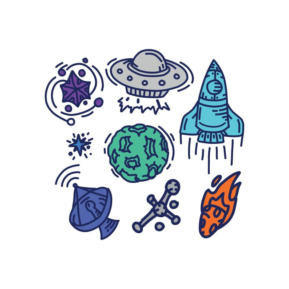 conjunto colección espacio planetario galaxia planetas dibujos animados astronauta dibujado a mano colorido vector