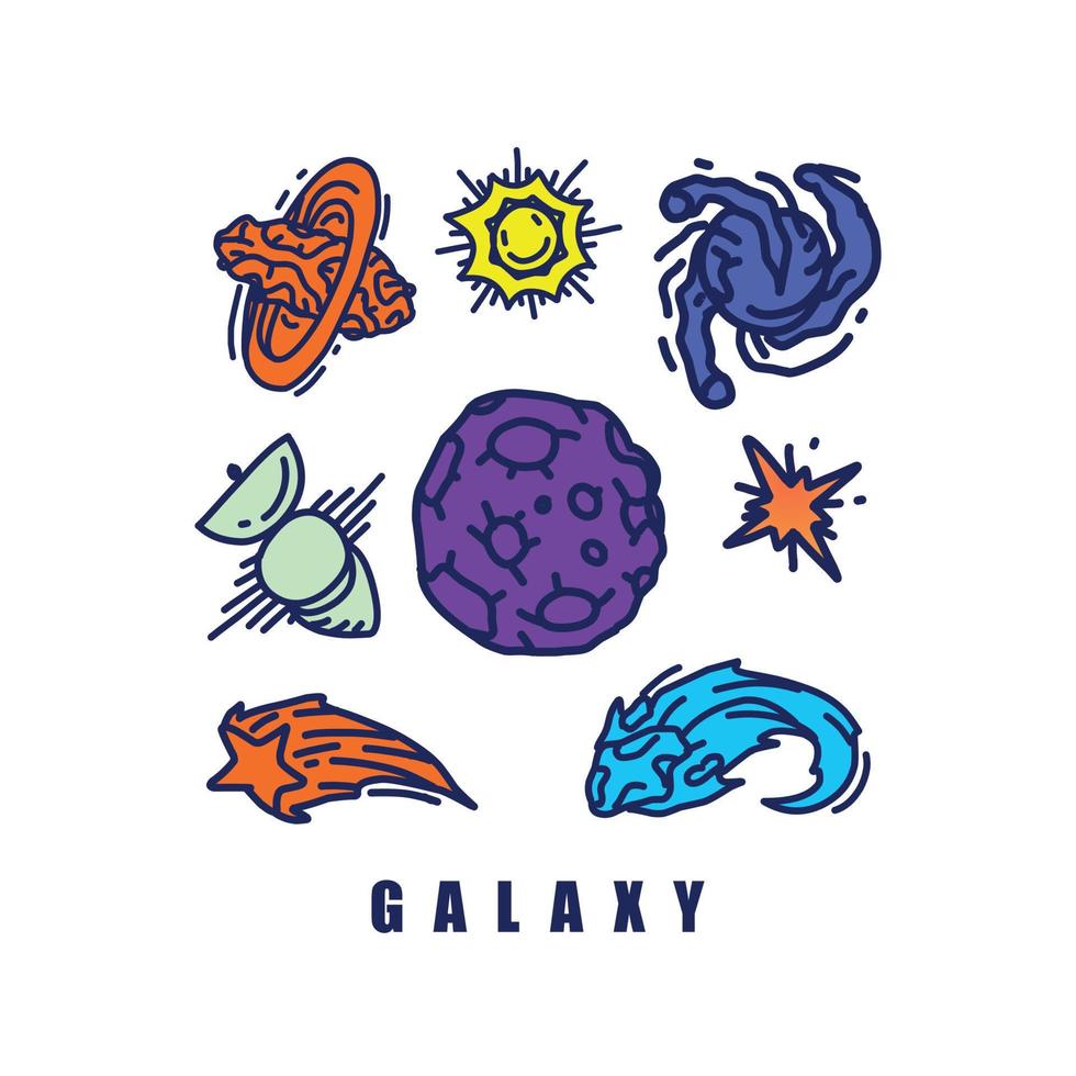 Set Collection Planetary Space Galaxy planets Cartoon astronaut Hand Drawn colorful Vector