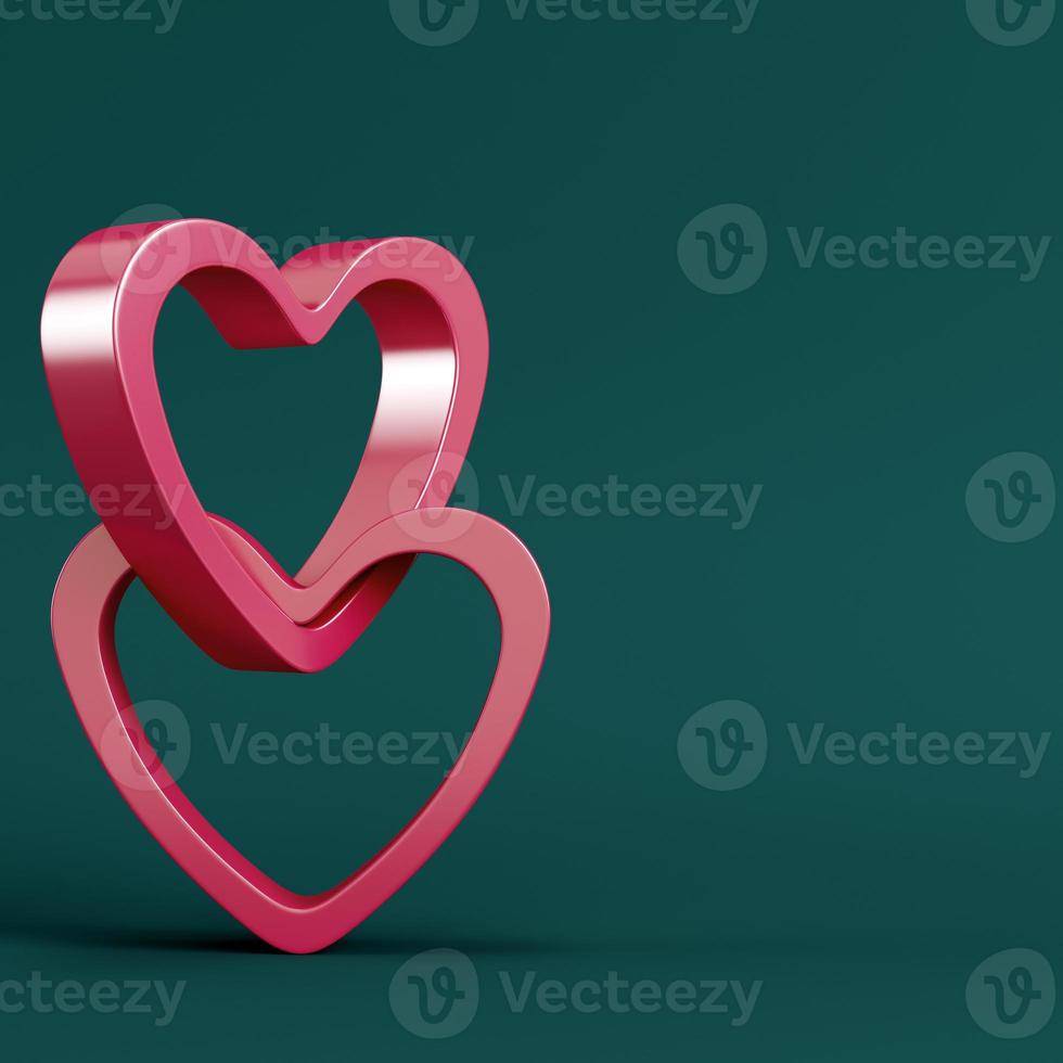 Red abstract heart shape on pedestal with circle frame on dark green background. Minimalism concept photo