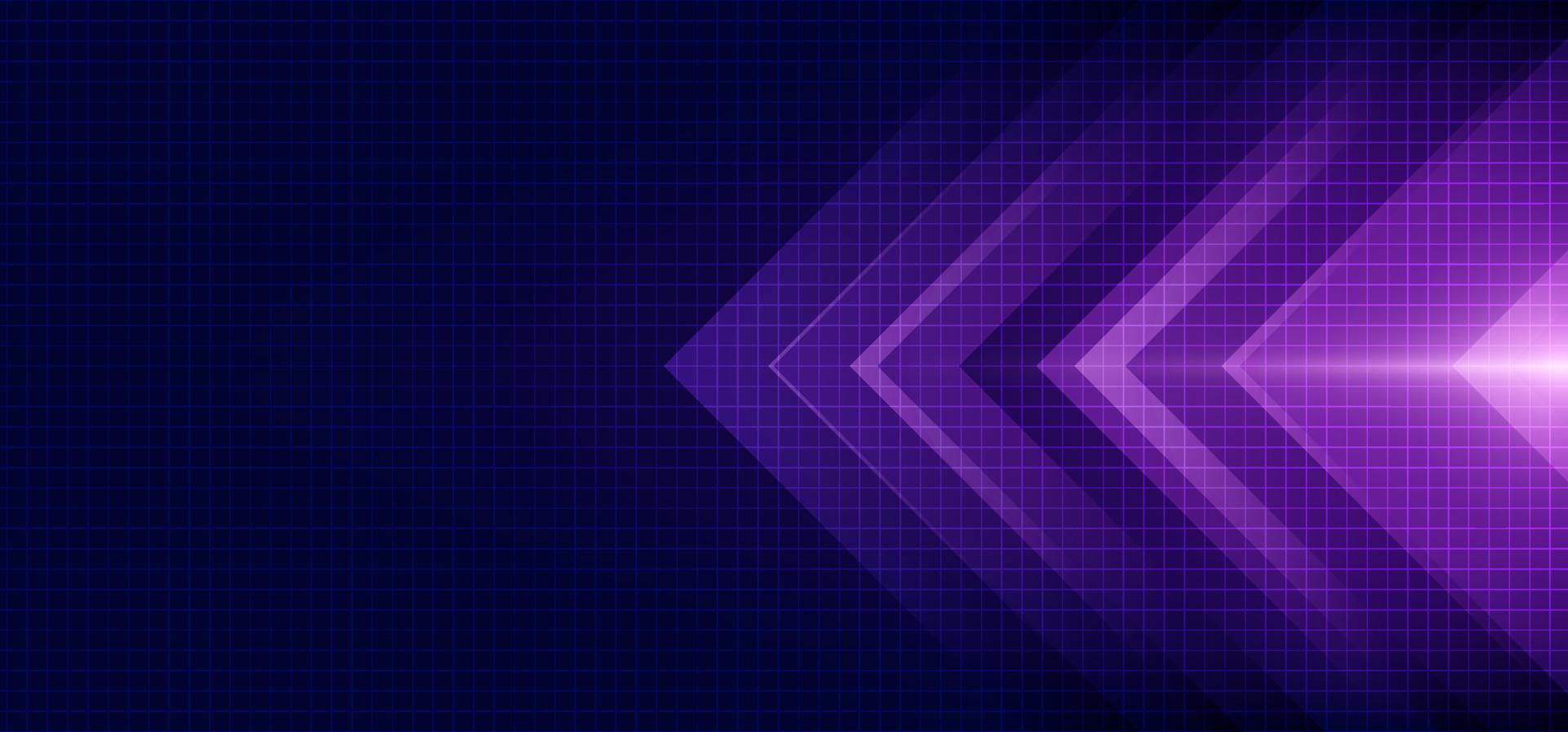 Abstract blue and purple arrow glowing with lighting and line grid on blue background vector