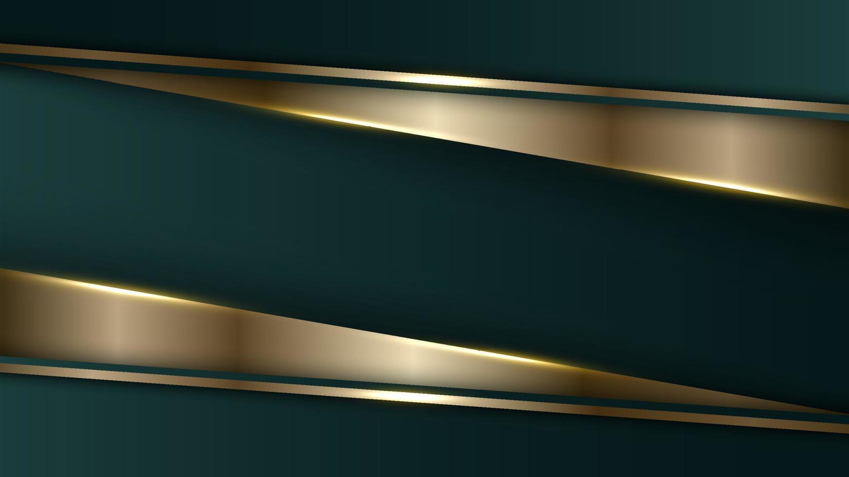 Diseño de plantilla de banner de lujo moderno 3d rayas verdes y brillo dorado luz de línea dorada que brilla sobre fondo verde oscuro vector