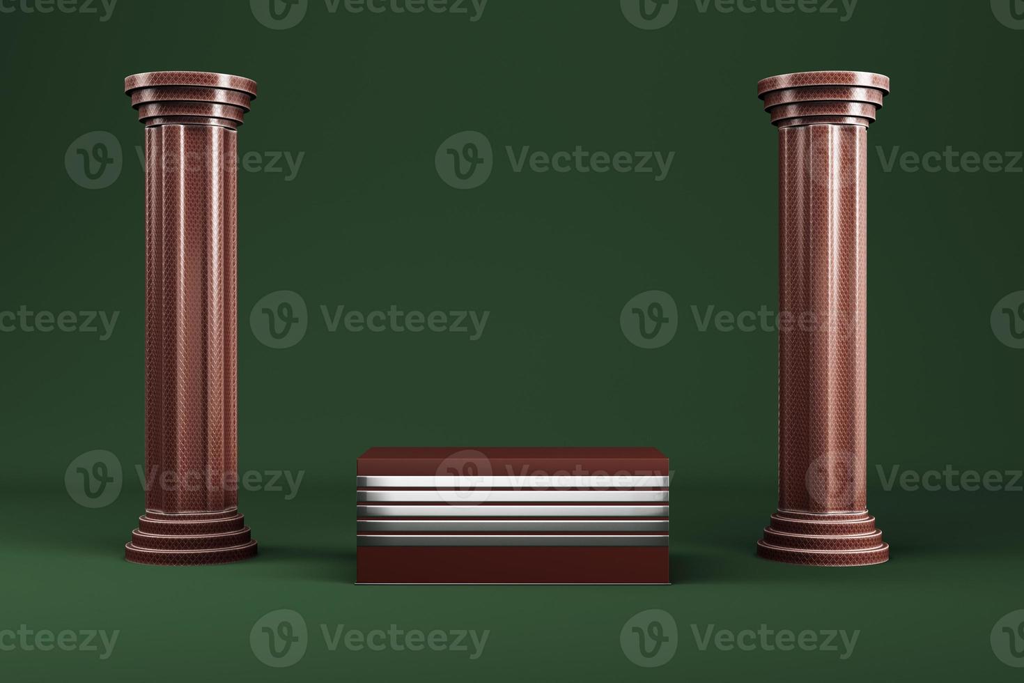 Abstract minimal background. Green rectangle pedestal with ancient pillars for product display photo