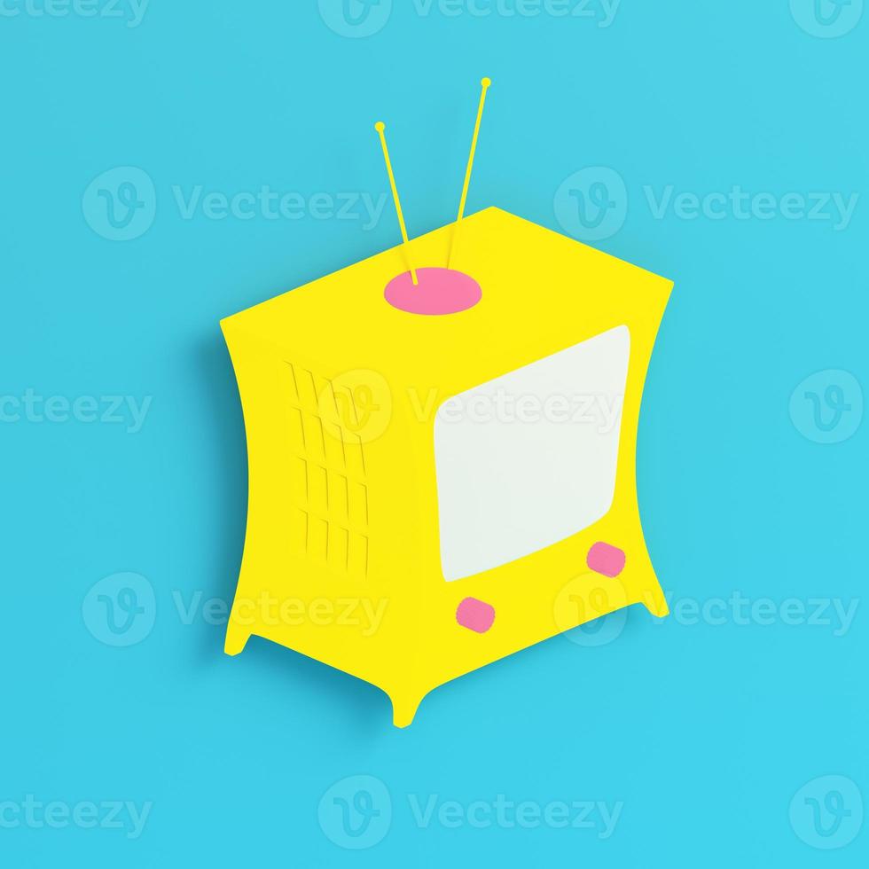 Yellow cartoon styled tv on bright blue background in pastel colors photo