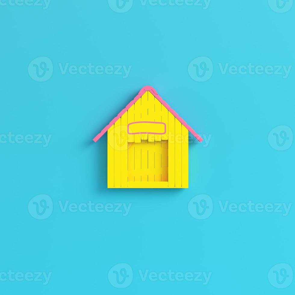 Yellow doghouse on bright blue background in pastel colors photo