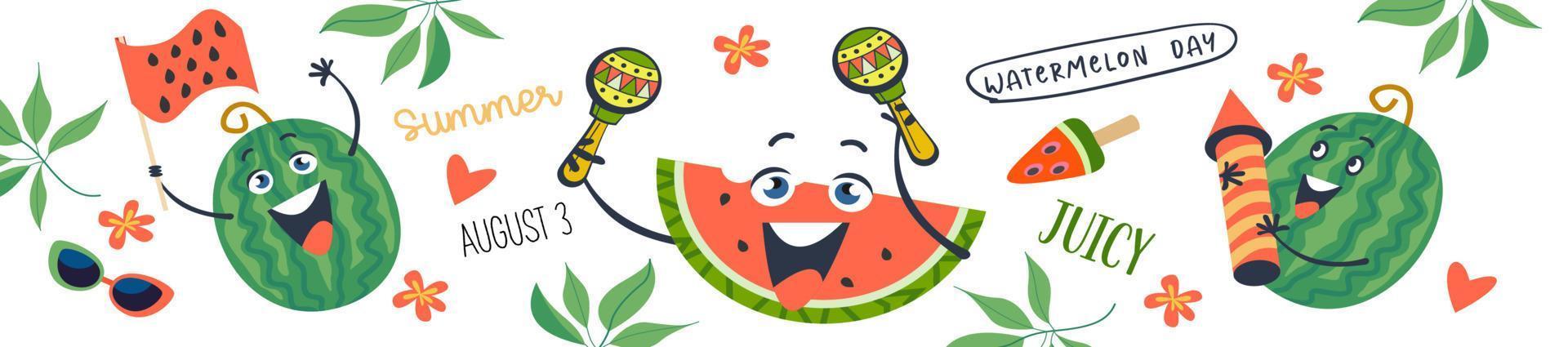 Watermelon Day. Festive fun vector banner. A set of cliparts on a white background.