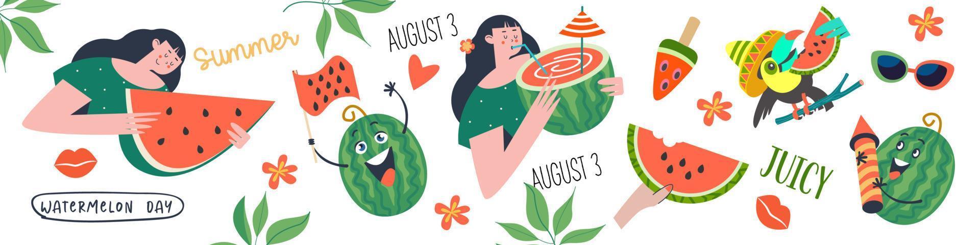 Watermelon Day. Festive fun vector banner. A set of cliparts on a white background.