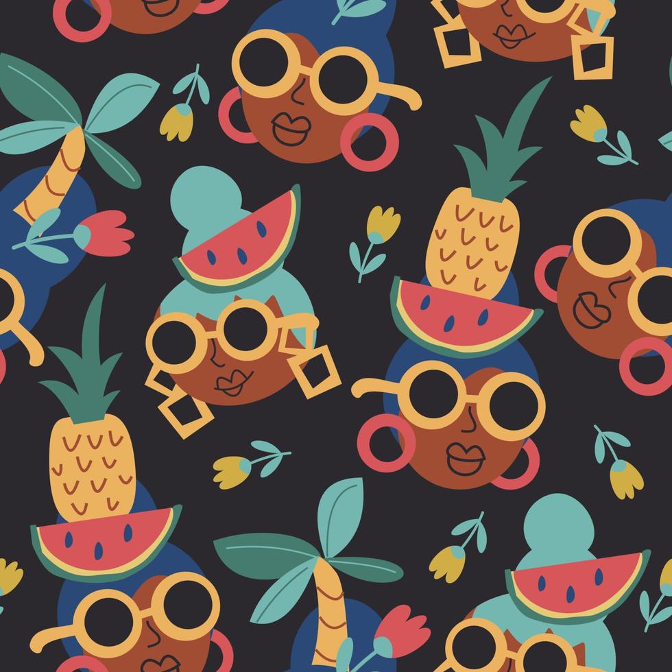 Seamless summer pattern with fruits and girls. Vector illustration.