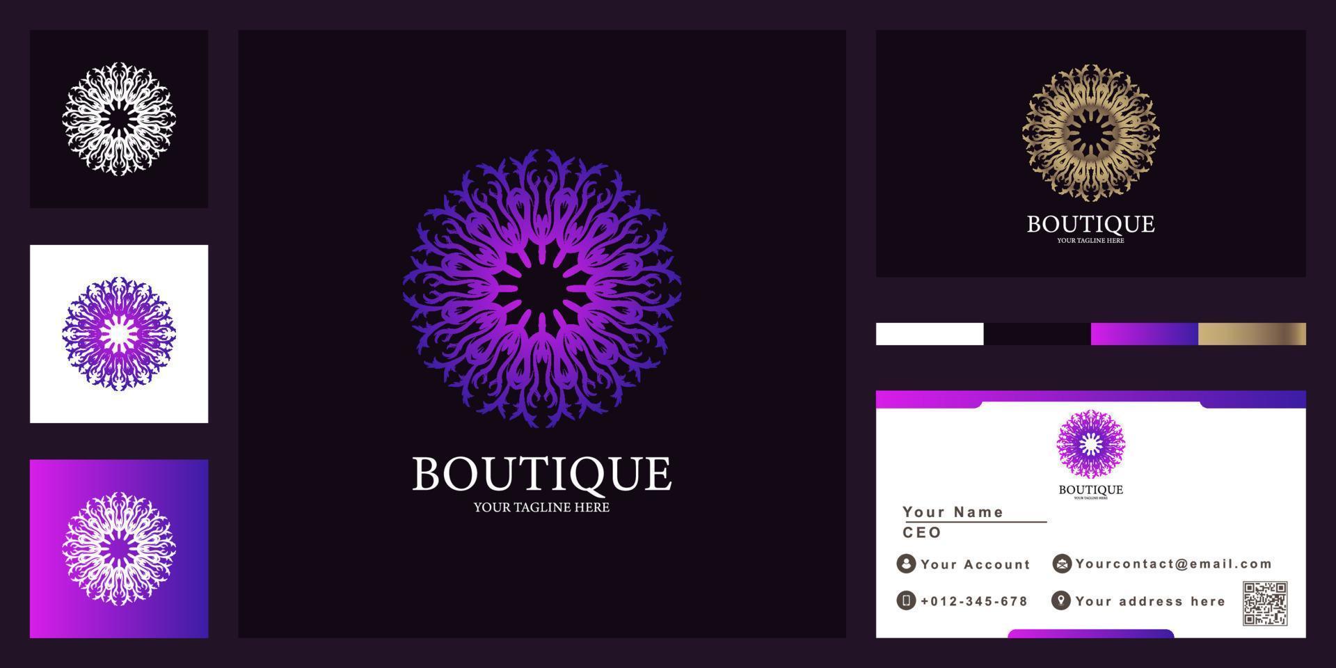 Flower, mandala or ornament luxury logo template design with business card. vector