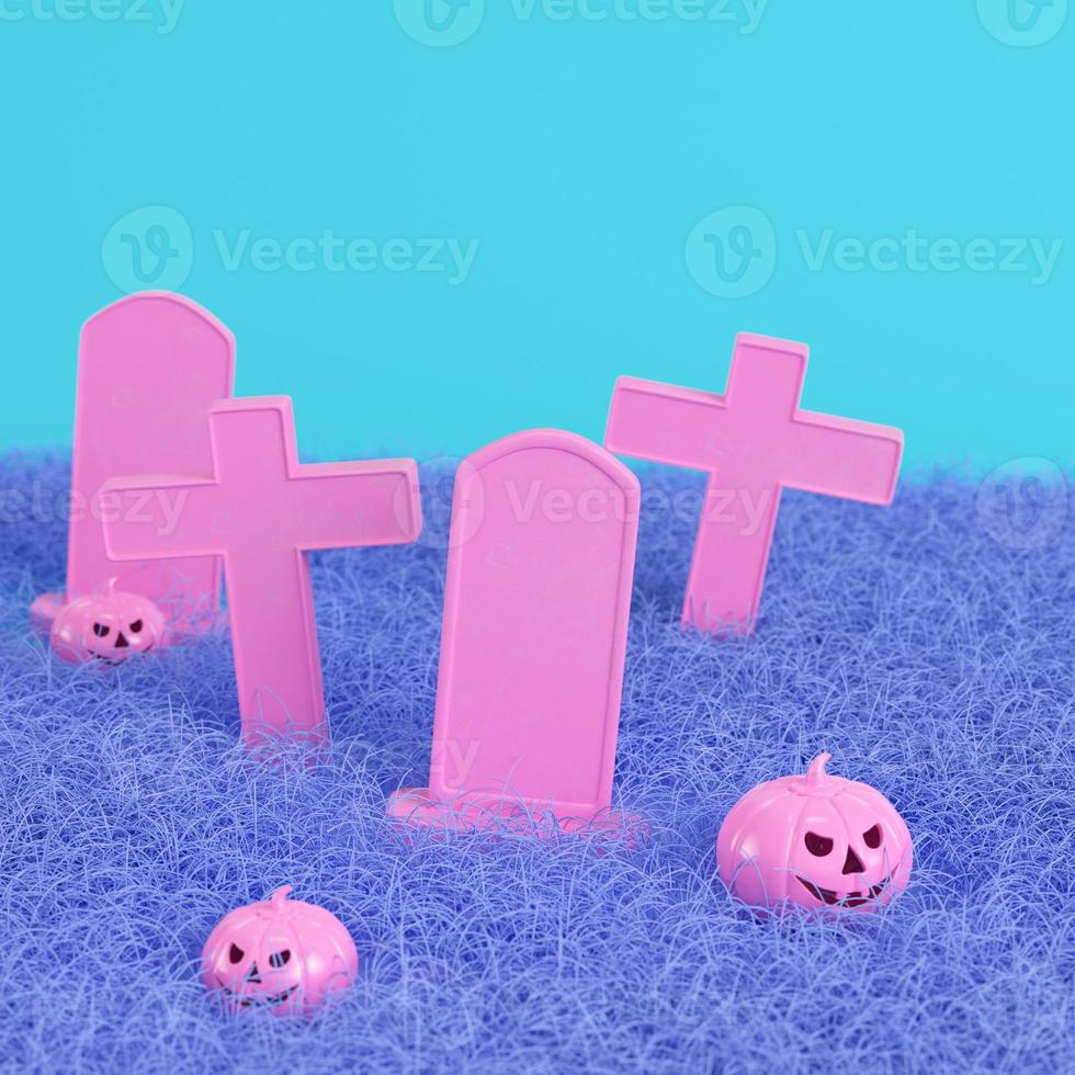 Pink halloween pumpkins with crosses and gravestone on bright blue background in pastel colors. Minimalism concept photo