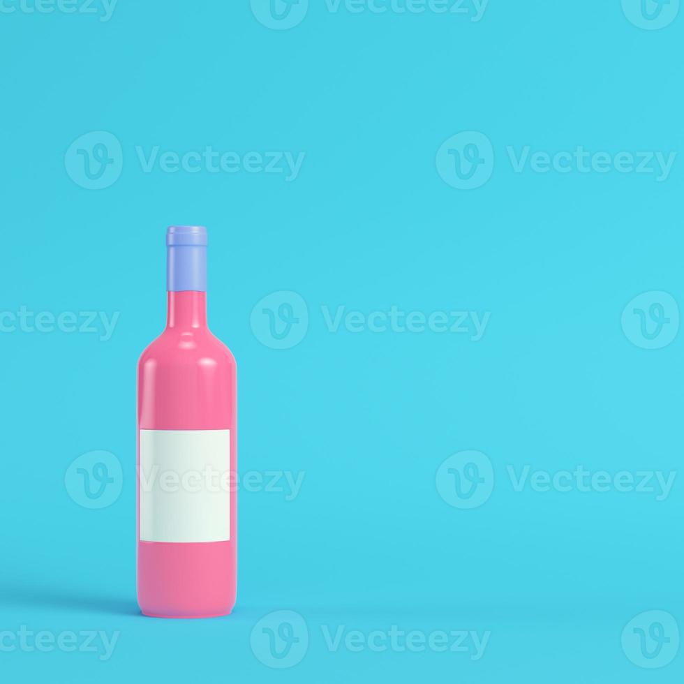 Wine bottle with blank lable on bright blue background in pastel colors