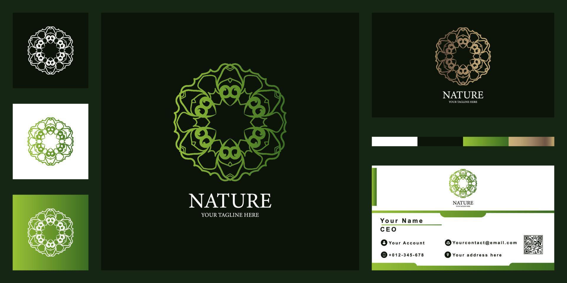 diseño de plantilla de logotipo de lujo de flor, mandala o adorno con tarjeta de visita. vector