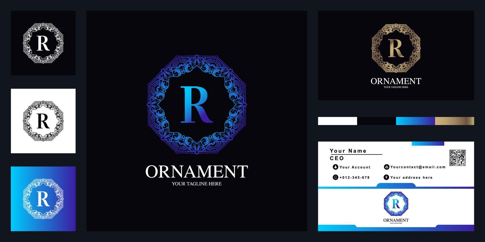Letter R ornament flower frame logo template design with business card. vector