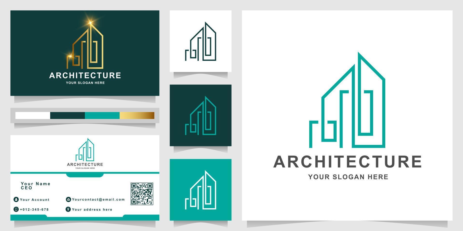 edificio elegante minimalista o plantilla de logotipo inmobiliario con diseño de tarjeta de visita vector