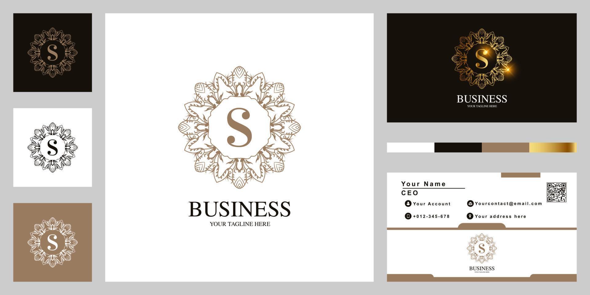 Letter S ornament flower frame logo template design with business card. vector