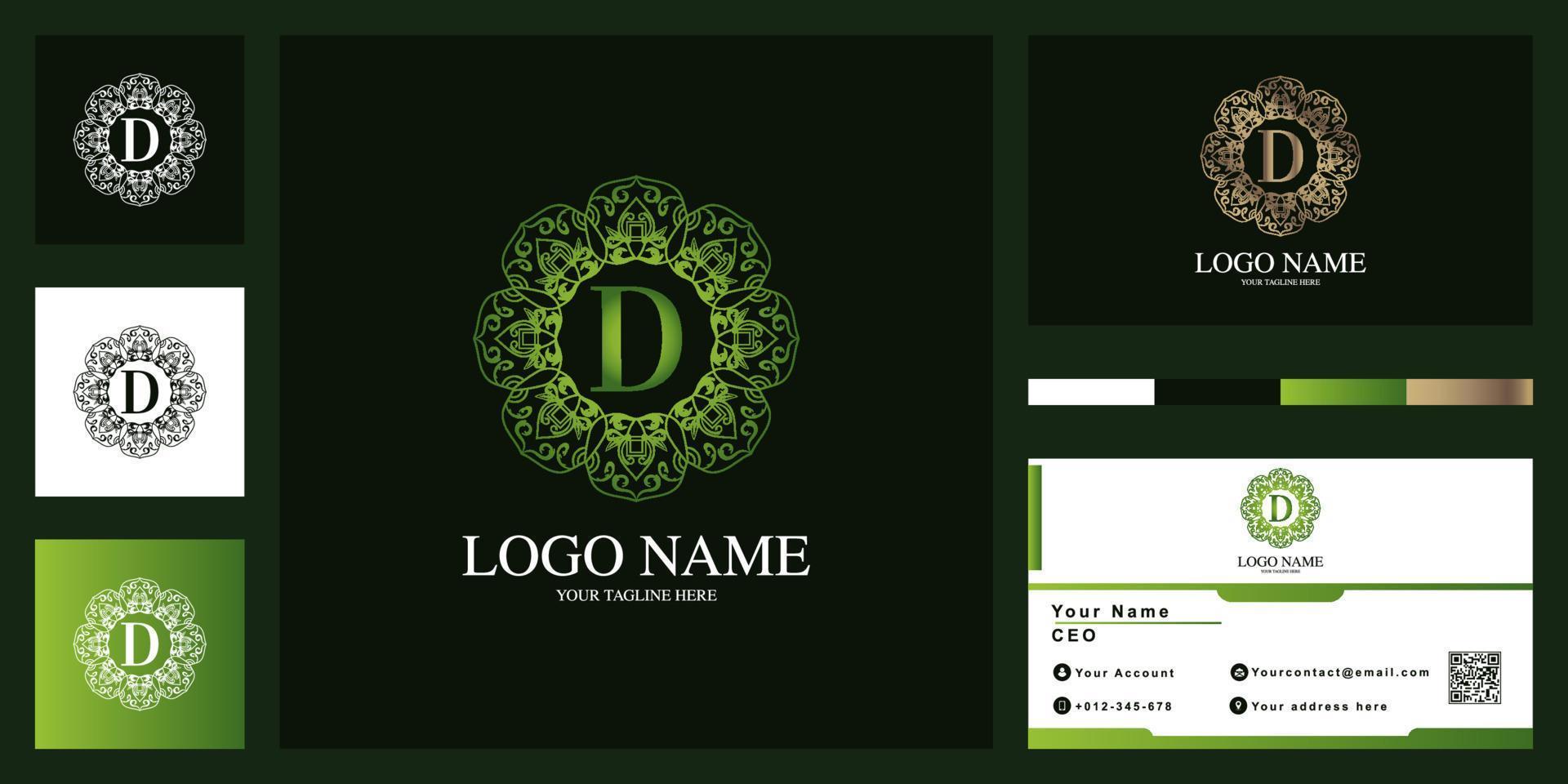 Letter D luxury ornament flower frame logo template design with business card. vector