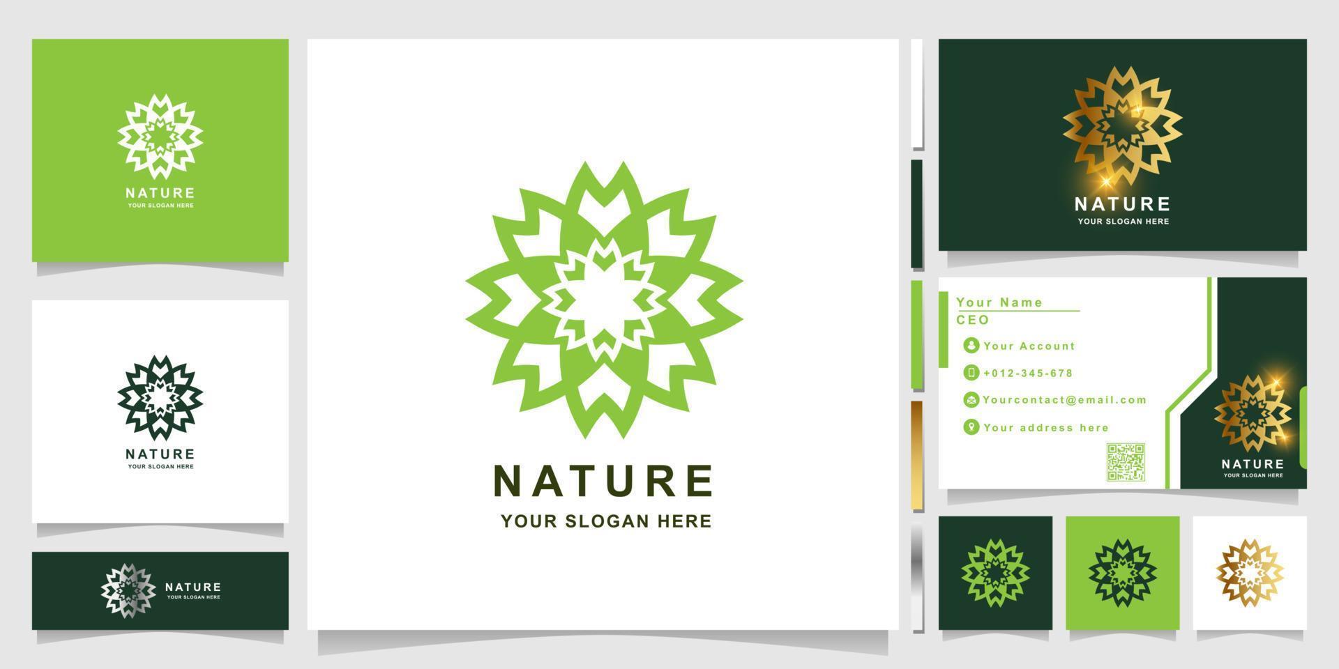 plantilla de logotipo de naturaleza, flor, boutique o adorno con diseño de tarjeta de visita. se puede usar diseño de logo de spa, salón, belleza o boutique. vector