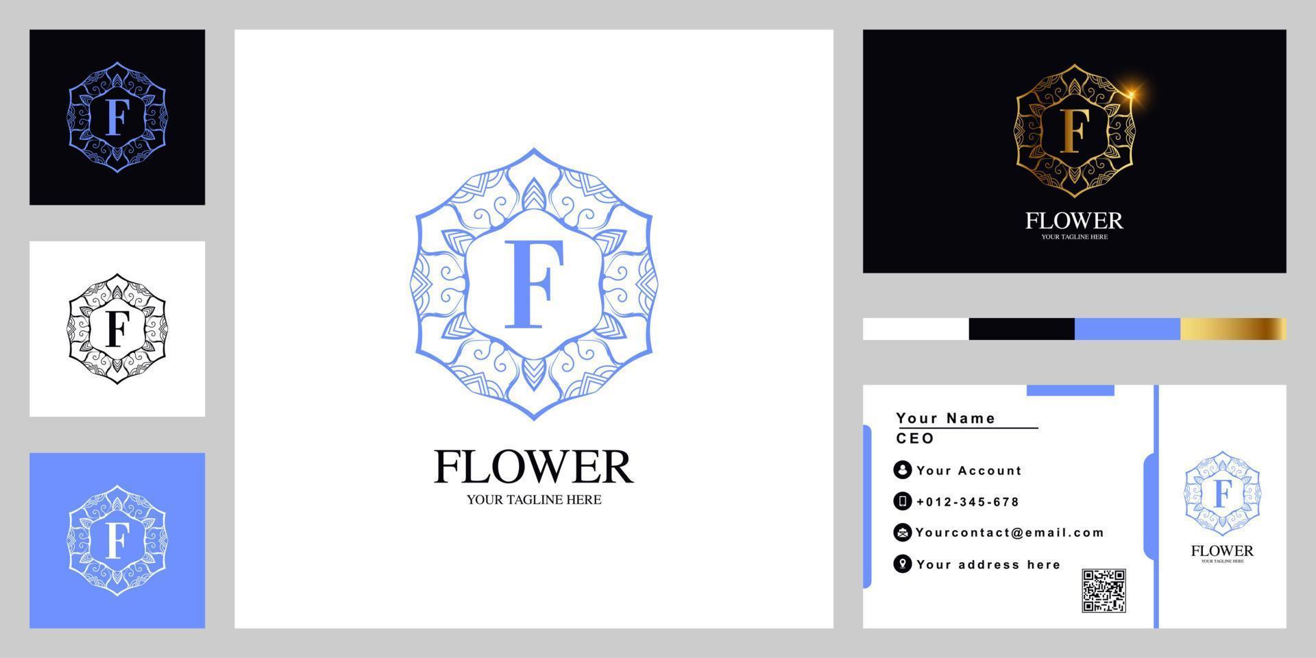 Letter F luxury ornament flower or mandala frame logo template design with business card. vector