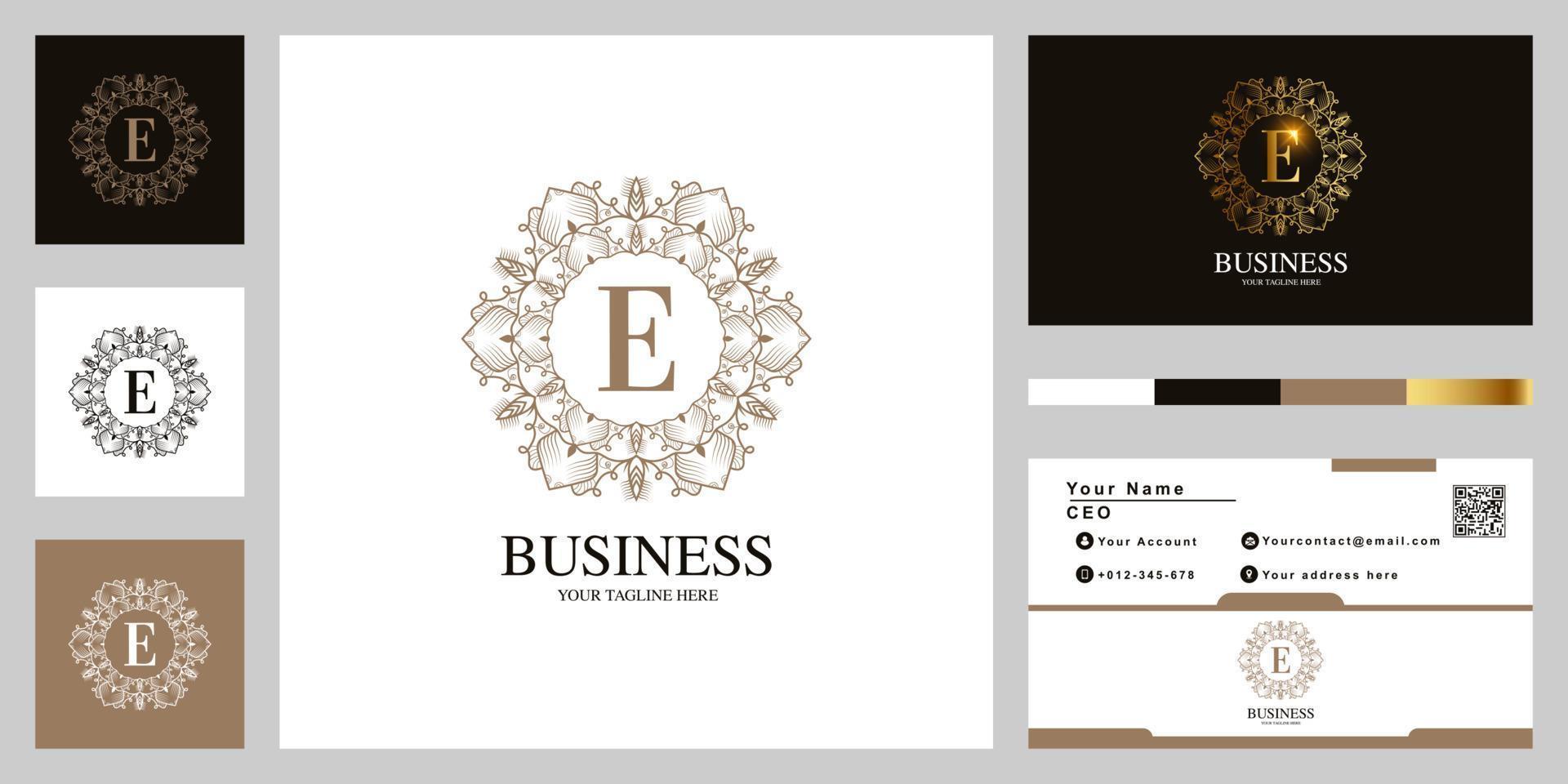 Letter E ornament flower frame logo template design with business card. vector
