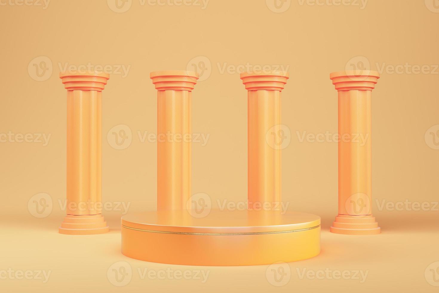Abstract minimal background. Orange cylindrical pedestal with ancien columns for product display photo