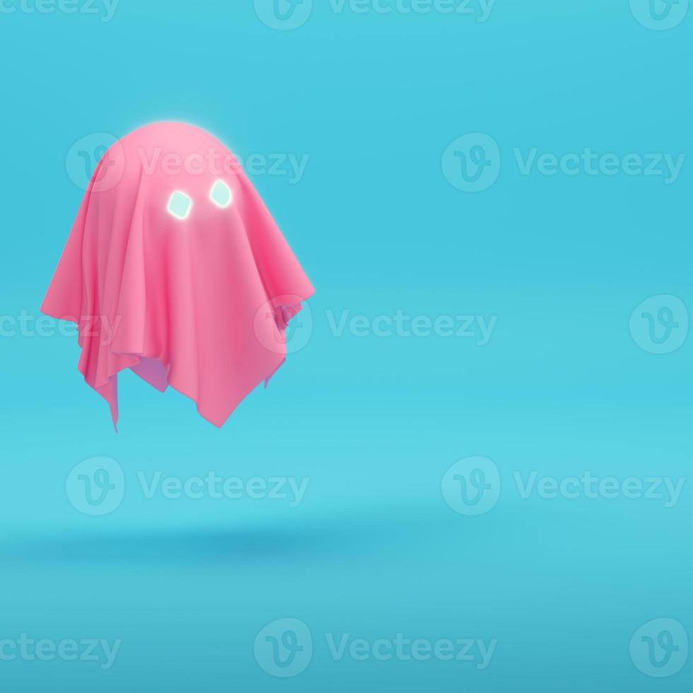 Pink cute ghost chsracter on bright blue background in pastel colors photo
