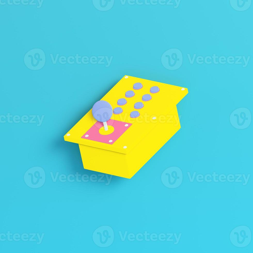 Yellow retro arcade game controller on bright blue background in pastel colors. Minimalism concept photo