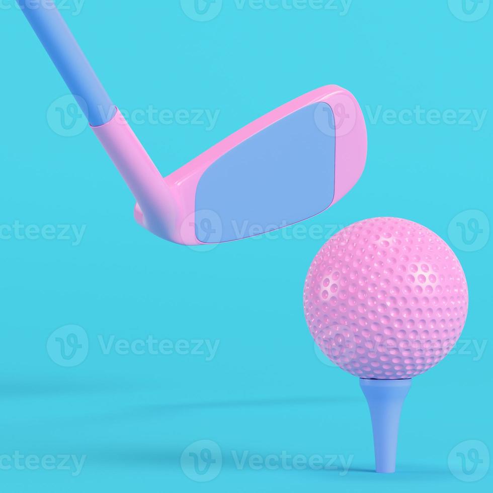 Golf club with golf ball on bright blue background in pastel colors. Minimalism concept photo