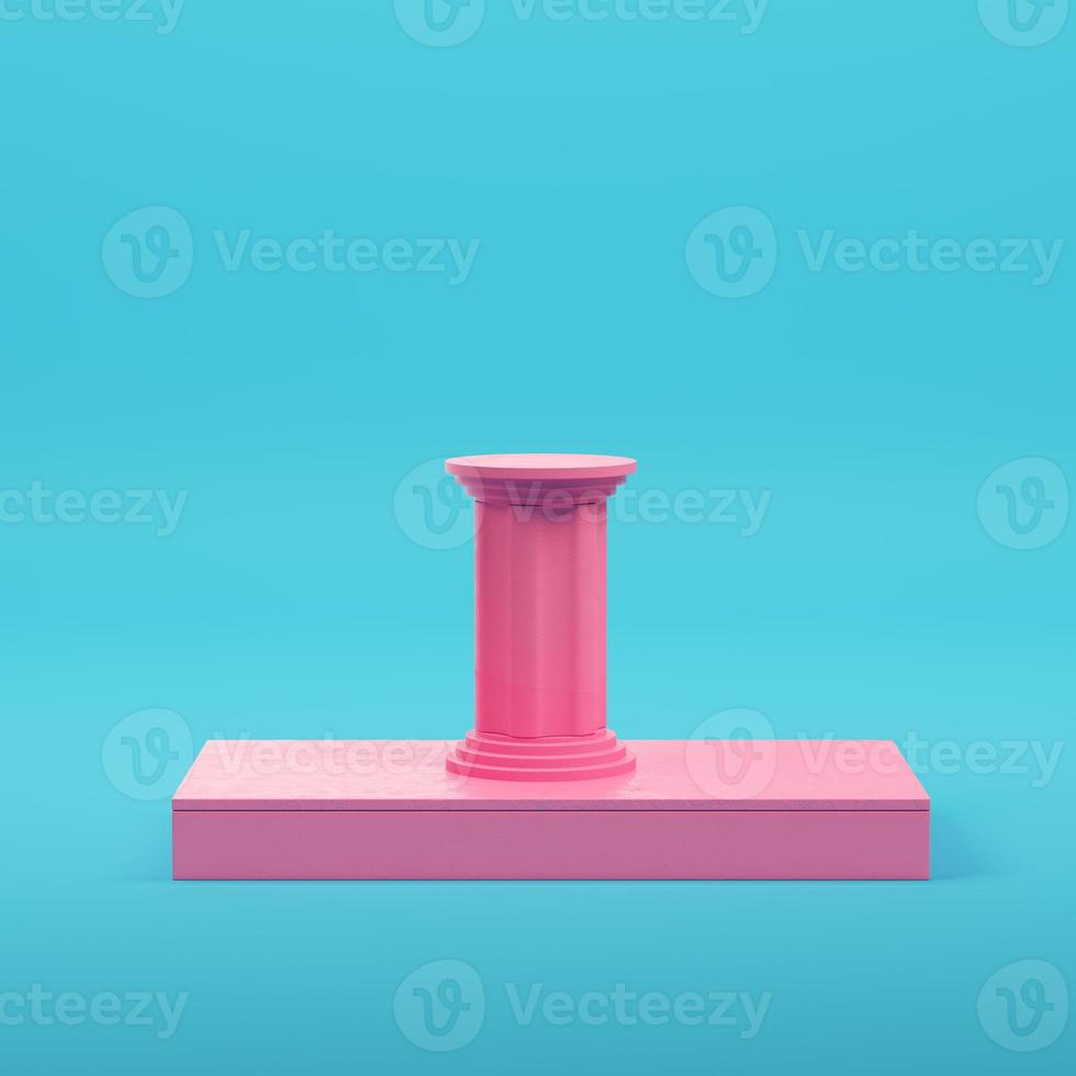 Pink rectangle podium with column on bright blue background in pastel colors photo