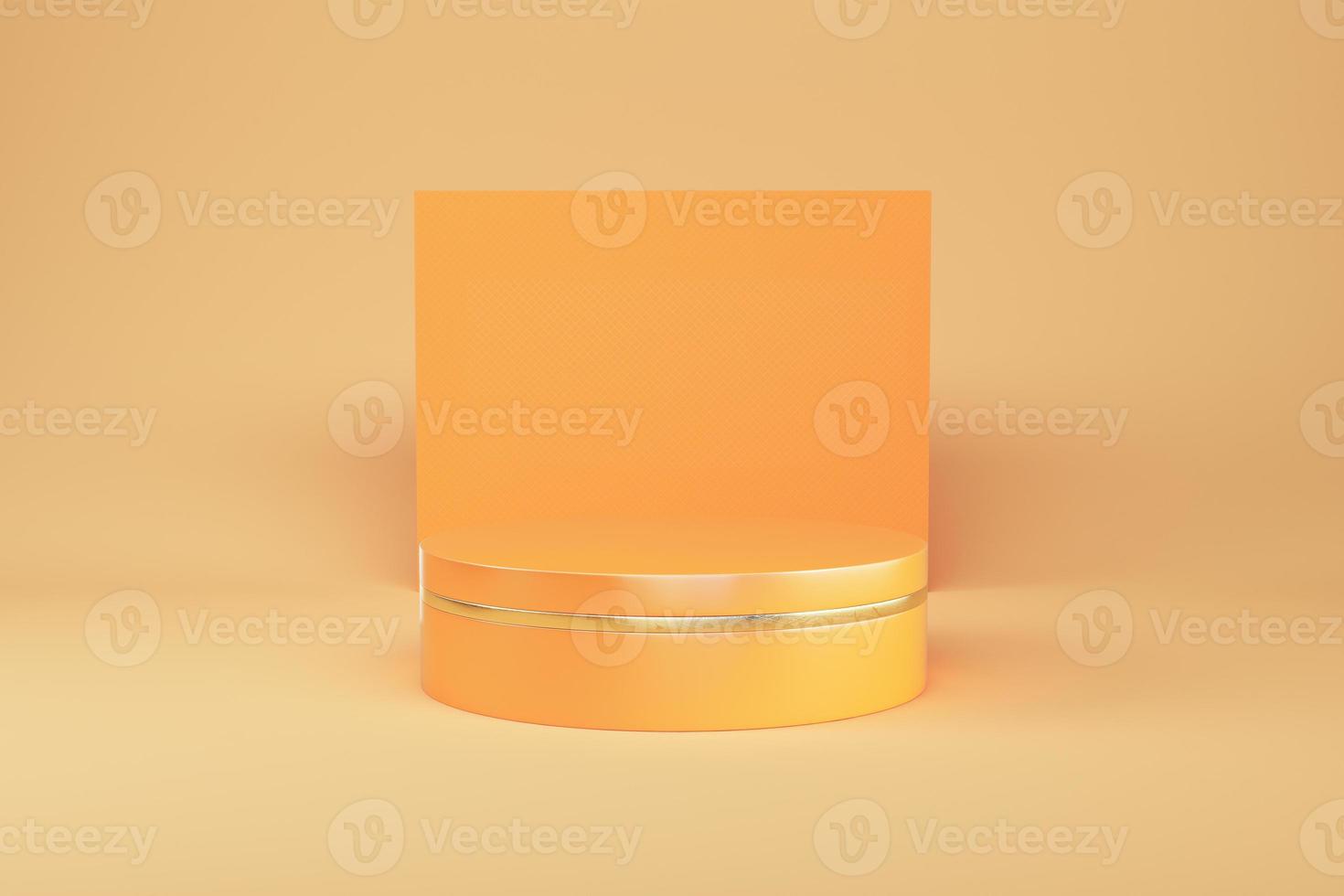 Abstract minimal background. Orange cylindrical pedestal with geometrical shape for product display photo