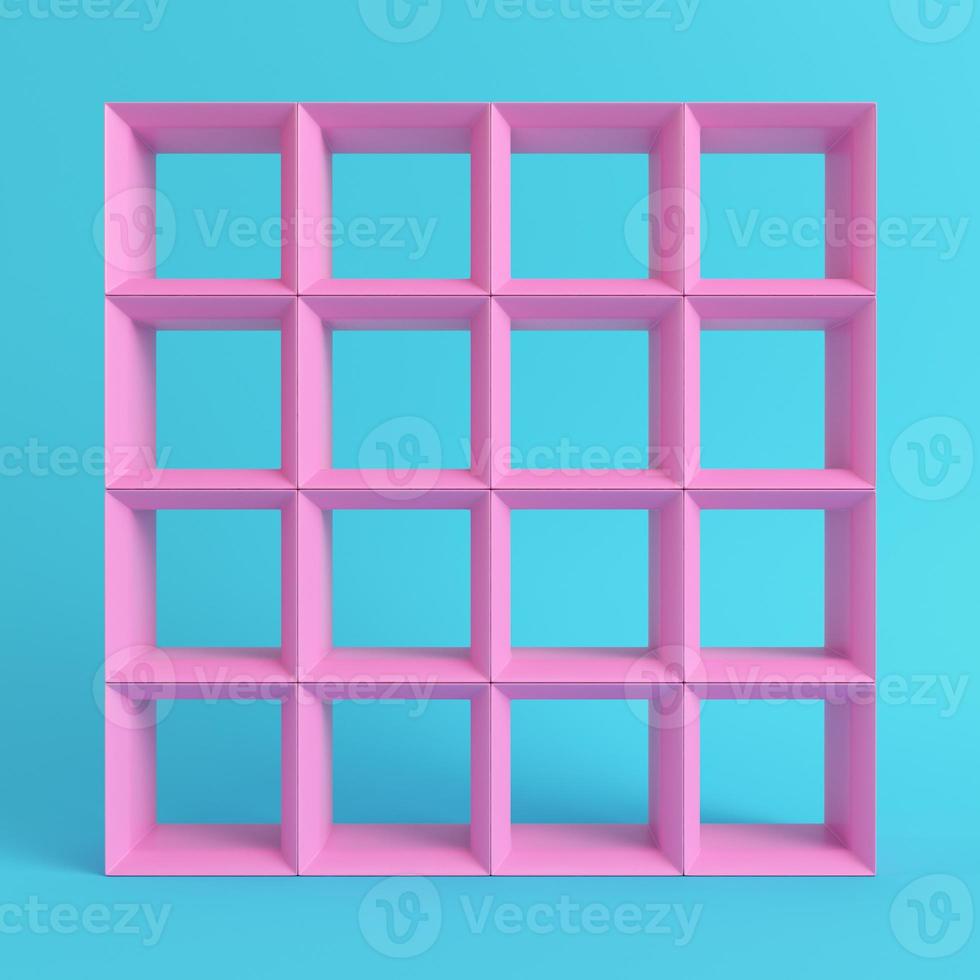 Empty square shelfs on bright blue background in pastel colors photo